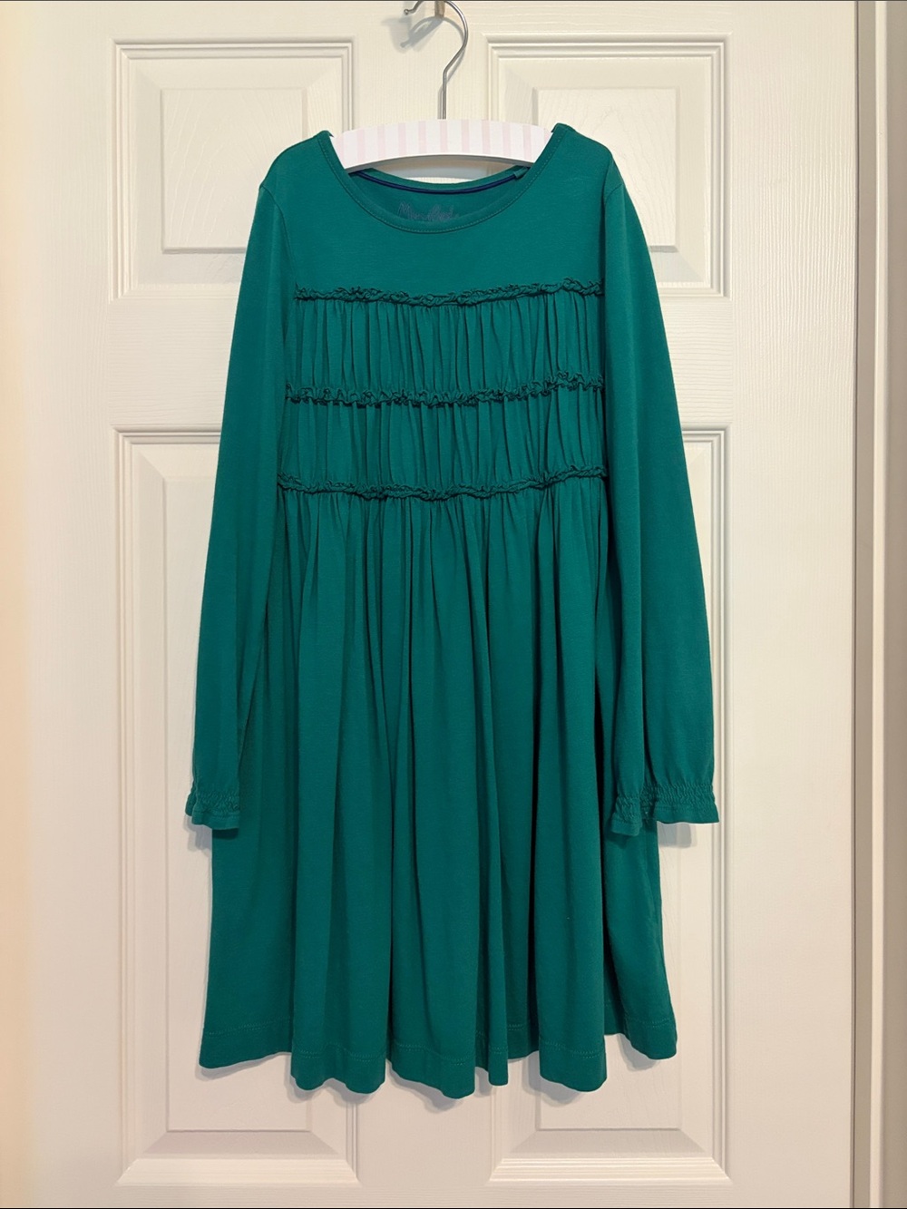 Mini Boden green long-sleeve dress with ruffle trimmed bodice - Size 8-9Y